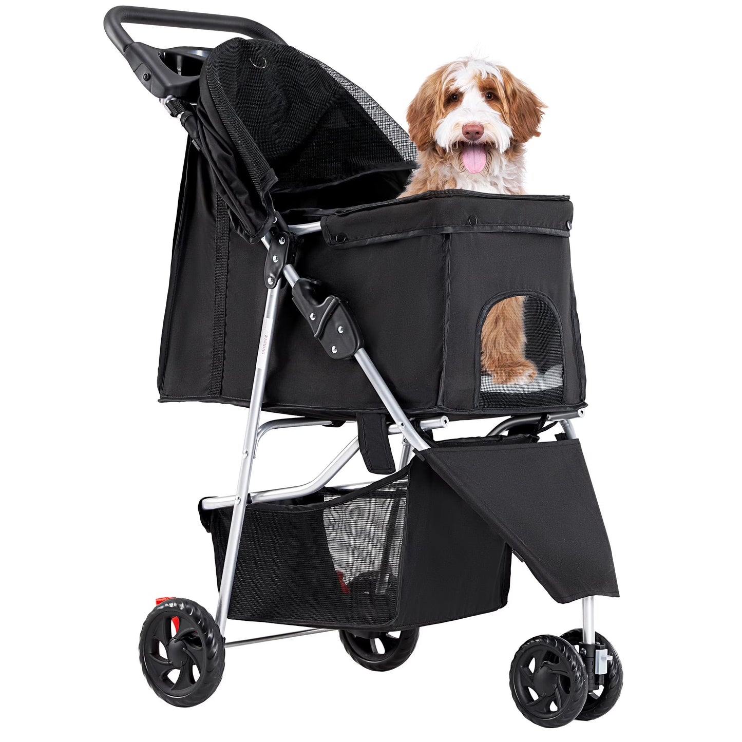 Dog Stroller, Pet Travel Folding Carrier with Storage Basket for Cat/Dog, 3 Wheels, Black