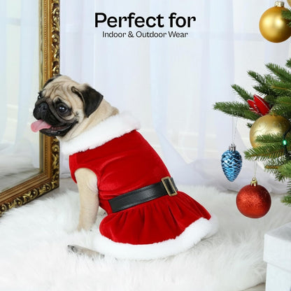 Dog Christmas Dress – Pet Xmas Dog Dress – Mrs. Santa Claus Doggy Costume – Red Velvet Skirt Small Puppy Dresses – Winter Fall Pet Clothes - Christmas Outfit for Small Dogs Girl - S