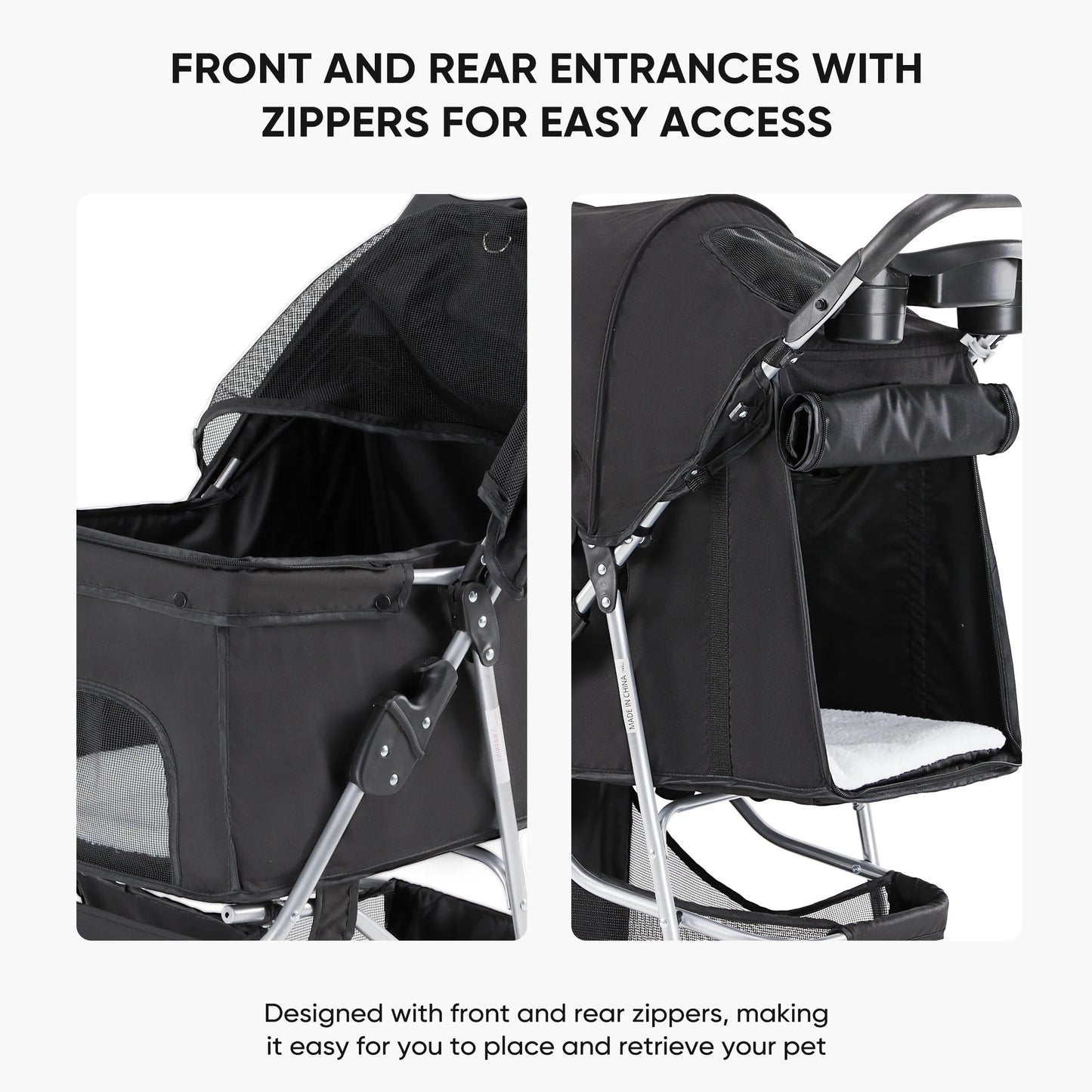 Dog Stroller, Pet Travel Folding Carrier with Storage Basket for Cat/Dog, 3 Wheels, Black