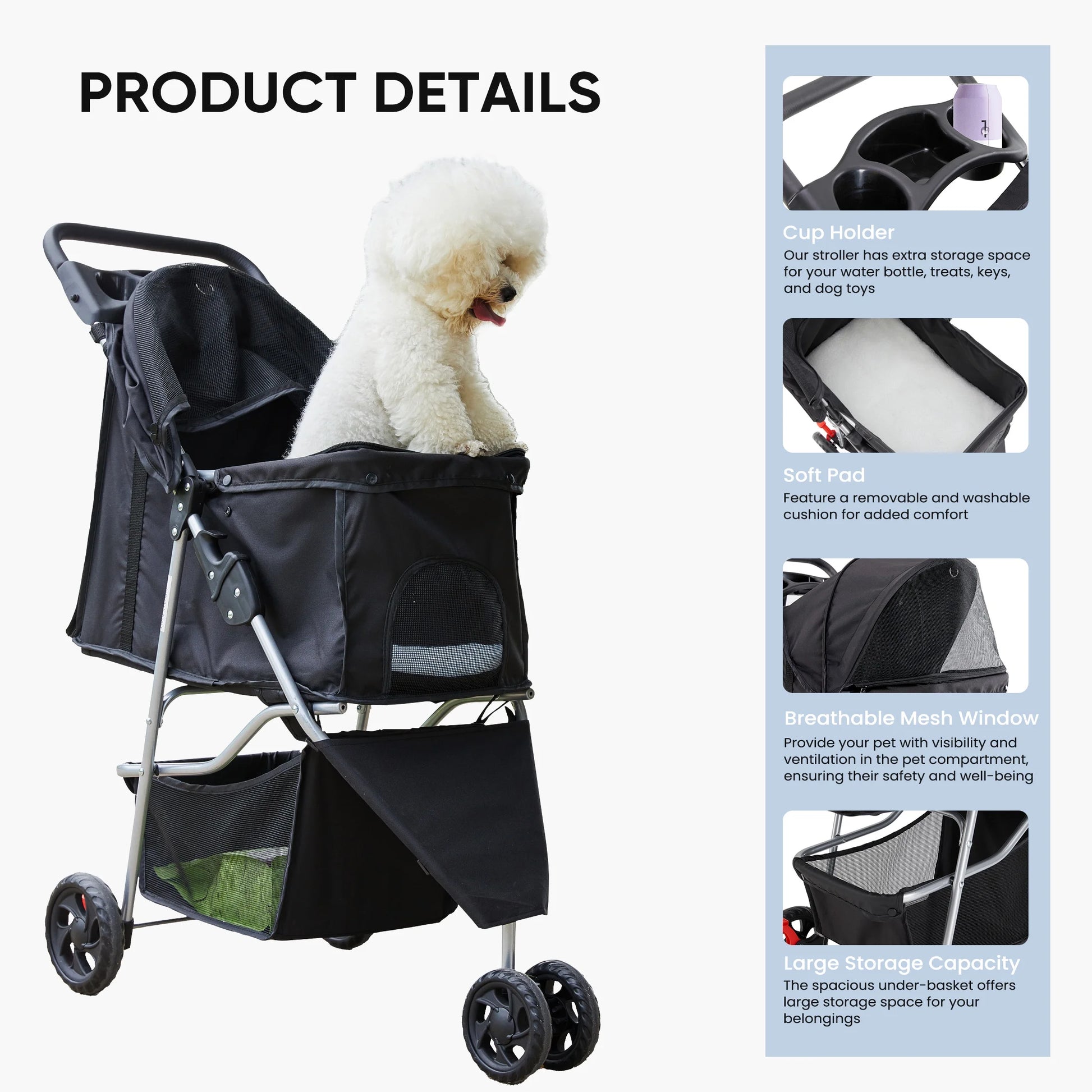 Dog Stroller, Pet Travel Folding Carrier with Storage Basket for Cat/Dog, 3 Wheels, Black